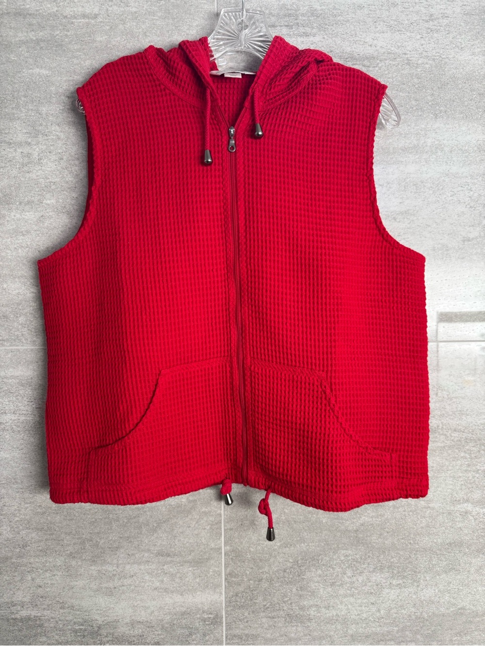Christopher & Banks Sleeveless Hooded Waffle Knit Zip Vest - Red Large